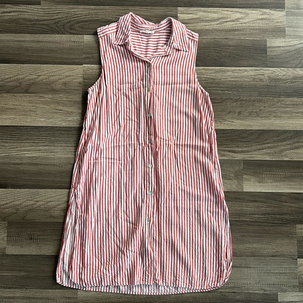 Red & White Striped Sleeveless Button Up Tunic